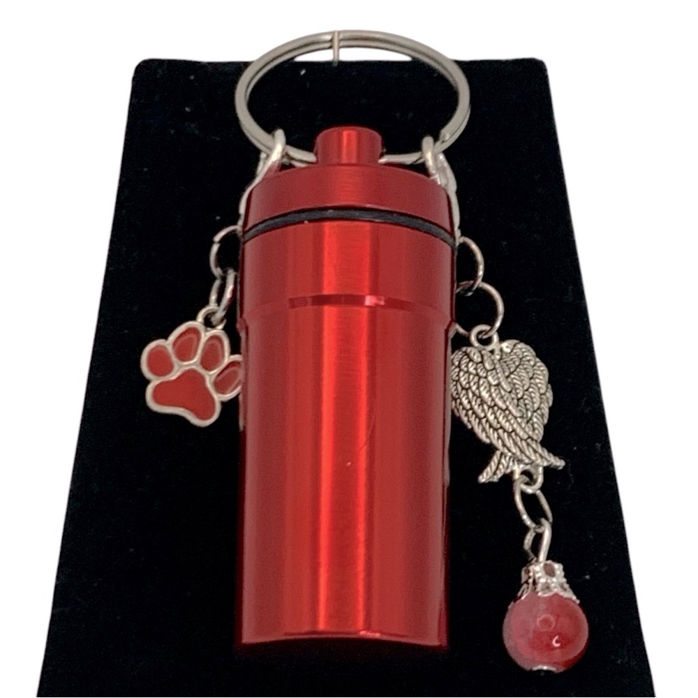 Pet Cremation Urn Red Stainless Steel Memorial Keepsake Cylinder Keychain - Picture 3 of 3